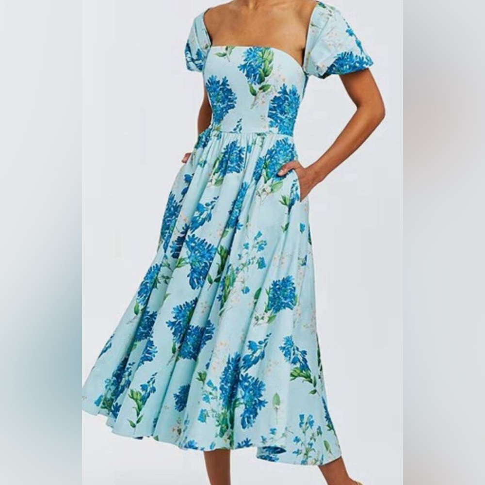 Blue Floral Midi Dress with Puff Sleeves - Brand: